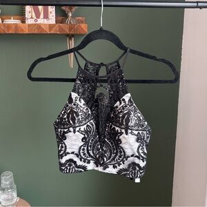 Glam Sequin Black and White Halter Crop Top Junior 1 XS